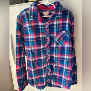 Youth fleece button up. Pink, purple, blue. Size large.